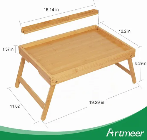 Vista 6 de Artmeer Bandeja de cama con patas plegables, bandeja de bambú para desayuno con ranura multimedia, uso como plato, escritorio para laptop