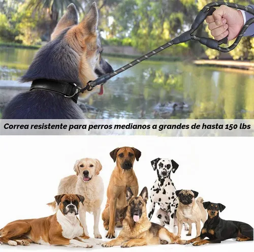 Vista 5 de JSXD Correa resistente de doble asa para perro, 5 pies, acolchada y reflectante, cuerda para perros pequeños a grandes (negro)