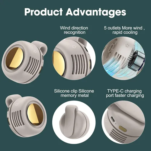 Vista 4 de Mini ventilador sin aspas portátil blanco, ventilador de clip de 3 velocidades para camisa y cintura