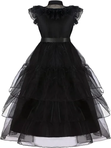 Vista 8 de YUEGOO Vestido de disfraz negro para niñas, disfraces de Halloween, vestido de fiesta de cosplay con accesorios de 3 a 12 años