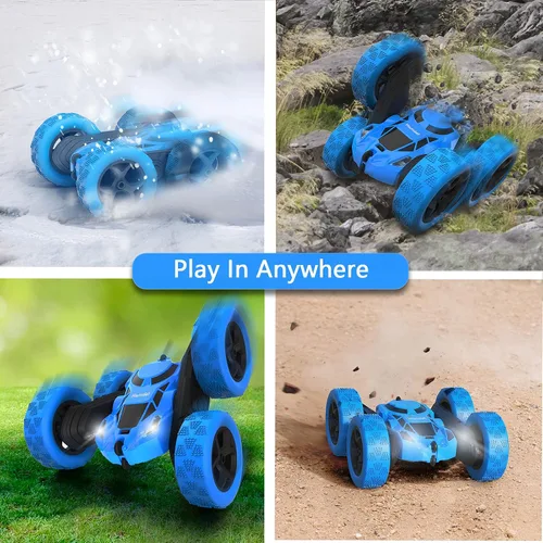 Vista 6 de Hamdol Auto de control remoto para niños, auto de acrobacias RC giratorio de 360°, vehículo eléctrico 4WD de doble cara con luces LED, autos de Azul