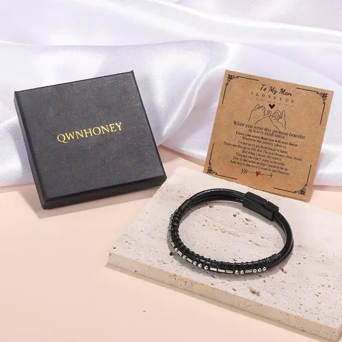Vista 6 de Pulseras para hombre con código morse para hombre, pulsera de cuero con texto en inglés «I Love You», regalo de joyería para hombre y hombre