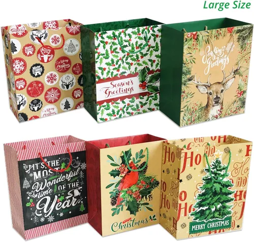 Vista 6 de Party Funny 24 bolsas de papel de regalo de Navidad a granel con asas y 60 etiquetas de regalo de Navidad, varios tamaños para envolver regalos