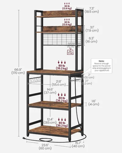 Vista 3 de VASAGLE Estante de panadería con toma de corriente, soporte para microondas, estante de almacenamiento alto de cocina, con panel de alambre
