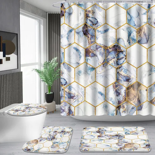 Vista 21 de Poedist Juego de 4 cortinas de ducha de baño, juegos de baño con alfombras (tapete de baño, forma de U y tapa de inodoro) y 12 ganchos, mármol