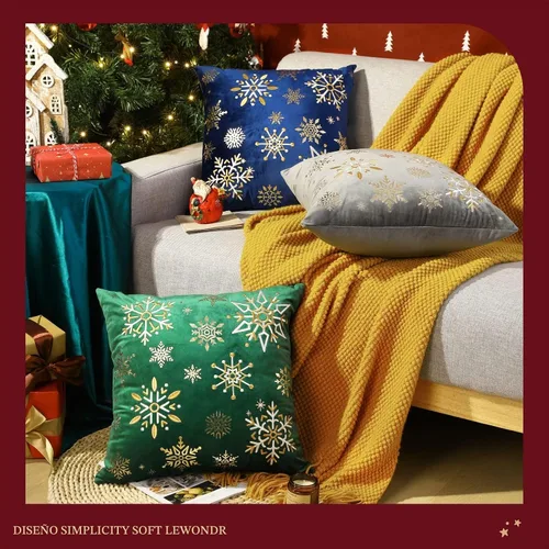 Vista 6 de Fundas de cojín decorativas de Lewondr para Navidad, con bordado de copo de nieve y patrón de estampado en caliente, para sofá, cama, silla Gris