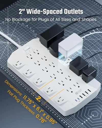 Vista 4 de Protector de sobretensiones de regleta de alimentación de 45 W con PD USB-C, SUPERDANNY 1875W/15A, 2100J, cable de extensión de montaje de enchufe