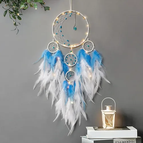 Vista 5 de KHOYIME Atrapasueños LED con luz de medio círculo con luna, luces, plumas hechas a mano, atrapasueños para dormitorio, decoración bohemia