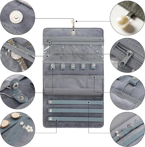 Vista 5 de HOMEHIVE Rollo organizador de joyas de viaje plegable, exquisito organizador de joyas portátil para collares de viaje, anillos, aretes, relojes