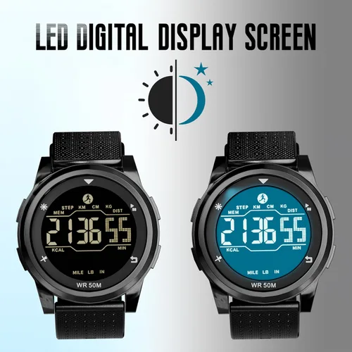 Vista 4 de CakCity Reloj deportivo digital ultrafino para hombre con esfera de aleación negra, impermeable, hora militar, alarma, podómetro y correa
