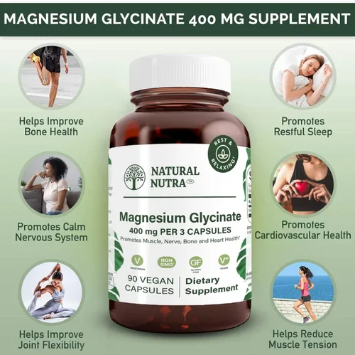 Vista 3 de Natural Nutra Suplemento de glicinato de magnesio de 400 mg, promueve la salud cardiovascular, vegano, ayuda a mejorar la salud ósea, sin soja, 90