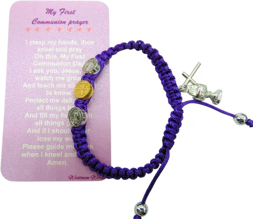 Vista 4 de Westmon Works Juego de pulseras para la primera comunión para niñas, color morado, con dijes de San Benito, macramé, ajustable, accesorios