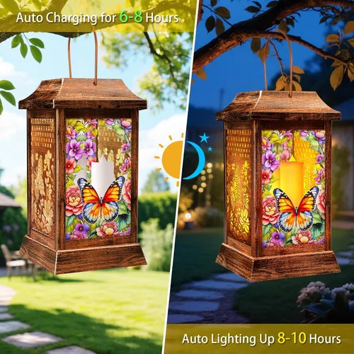 Vista 7 de Linternas solares de mariposa al aire libre impermeables, luces colgantes de metal y vidrio para decoración de jardín, regalos de cumpleaños