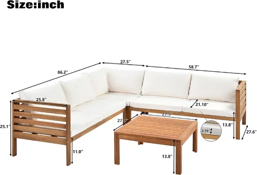 Vista 3 de Juego de 4 muebles de patio al aire libre, sofá seccional de madera de acacia con asiento cojines beige, asiento de conversación seccional