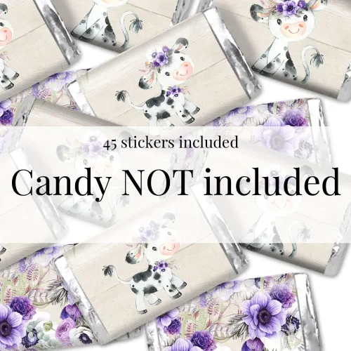 Vista 3 de Amanda Creation Acuarela Purple Cow Baby Shower Baby Shower Mini Chocolate Candy Bar Wrappers Wrappers Envoltura de 45 etiquetas envolventes de 1.4