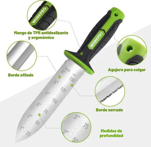 Vista 4 de WORKPRO Hori Hori - Cuchillo de jardín, hoja de acero inoxidable de 7 pulgadas con borde de corte, herramientas de jardín con funda Oxford, mango