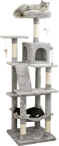 Vista 19 de MWPO - Árbol para gatos, multiestructura para gatos grandes con postes rascadores de sisal, plataforma acolchada, hamaca y condominio, torre Beige