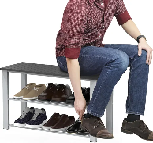 Vista 4 de Simple Houseware Banco de almacenamiento de zapatos con tapa de madera para entrada, gris