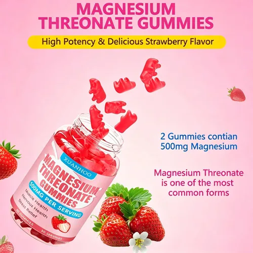 Vista 5 de Gomitas de treonato de magnesio, suplemento de magnesio, sabor a fresa, 60gomitas, 250 mg de magnesio por gomita, salud muscular y nerviosa, alivio