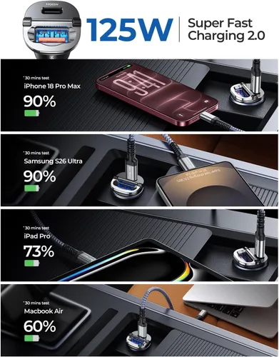 Vista 7 de 【Actualizado】 Cargador de coche de 125 W USB C carga rápida para iPhone 18 Negro