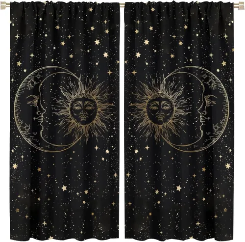 Vista 104 de Cortinas opacas con diseño de sol y luna, cuerpos celestes bohemios, con diseño de sol, luna y estrellas, para sala de estar, dormitorio, 42 x 45