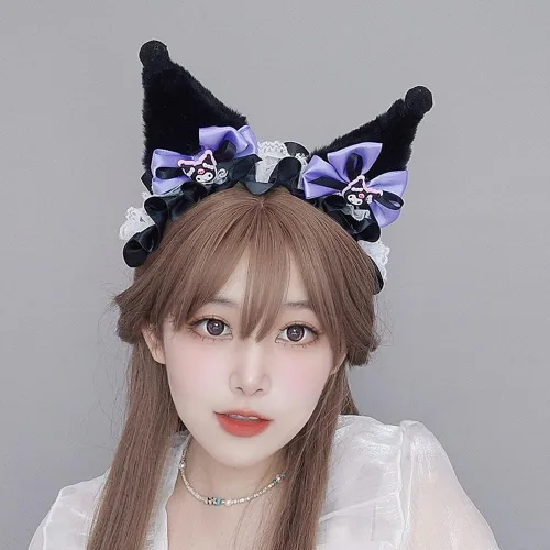 Vista 3 de Kuromi - Diadema con lazos y cintas de encaje, diadema de Lolita para disfraz de dibujos animados, fiesta de cosplay para niños y mujeres y niñas
