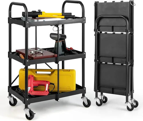 Vista 9 de Goplus Carrito plegable con ruedas, carrito de herramientas de 3 niveles con ruedas y compartimentos bloqueables, carrito de servicio de metal