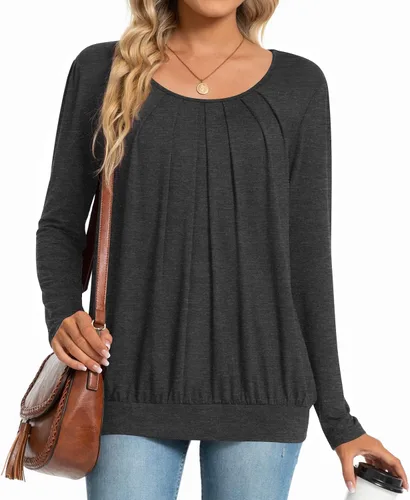 Vista 2 de Anymeet 2023 Women's Spring Fall Tunic Tops for Leggings Long Sleeve Casual Tshirt Pleated Loose Blouses