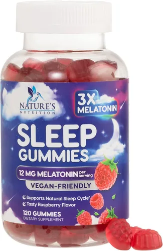 Vista 10 de Gomitas de melatonina para dormir, melatonina de 12 mg por porción, extra fuerte para apoyar el sueño, gomitas de melatonina, suplemento vegano