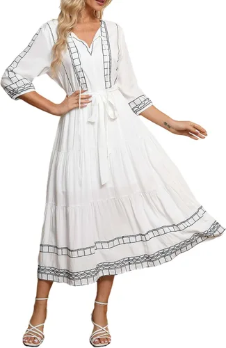 Vista 2 de LauraKlein Vestido bohemio bordado floral estilo étnico europeo manga 34 cuello en V vestidos midi para mujer vestido bohemio de primavera