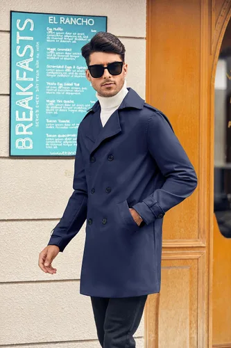 Vista 3 de Gafeng Gabardina de doble botonadura para hombre, solapa con muescas, casual, ajustado, largo cortavientos