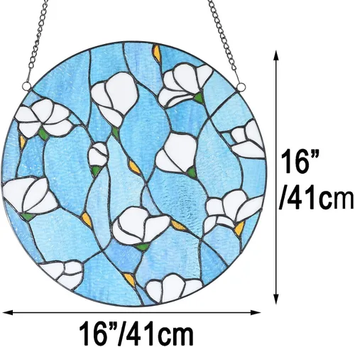 Vista 3 de Bieye W10063 Magnolia Flower Tiffany Style - Panel de ventana con cadena, forma redonda, 16 pulgadas de ancho
