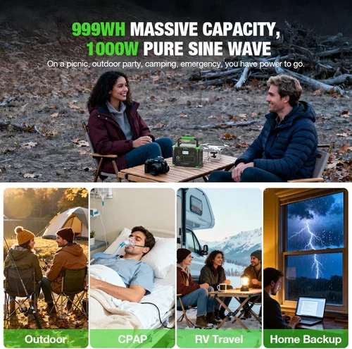 Vista 3 de Estación de energía portátil de 1000 W (pico de 2000 W), generador solar de 999 Wh, salida de CA de onda sinusoidal pura de 110 V con PD de 60 W