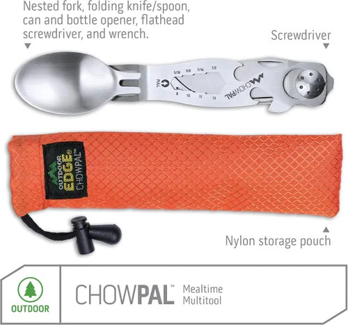 Vista 2 de Outdoor Edge ChowPal - Multiherramienta para comer con cuchillo plegable, tenedor, cuchara, abrebotellas, abrelatas, llave graduada
