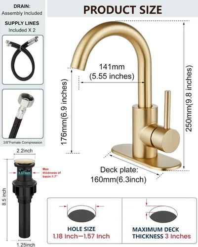 Vista 4 de Midanya Grifo de baño de un solo agujero, grifo de fregadero de barra de 1 agujero, adecuado para tocador de cocina, RV, boquilla giratoria de acero