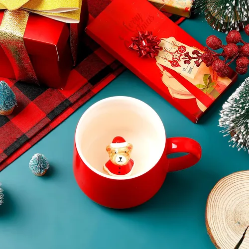 Vista 5 de Sliner Divertidas tazas de Navidad en 3D con animal en el interior, 13.5 onzas, hechas a mano, taza de café de cerámica, bonita figura de dibujos