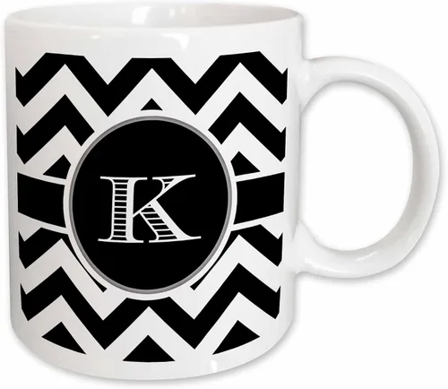 Vista 11 de 3dRose Taza de café, tamaño: 15 onzas, monograma de cheurón blanco y negro, inicial K Designs, divertido regalo de taza de café