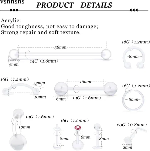 Vista 4 de Vsnnsns Piercing para el cuerpo, 14G-20G, acrílico, transparente, para nariz, labio, lengua, ceja, septum, cartílago, tragus, ombligo, ombligo