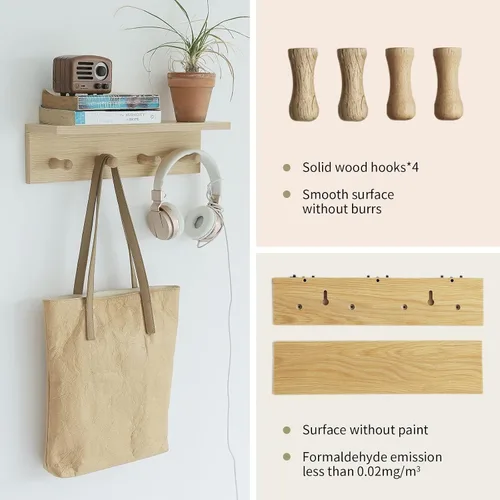 Vista 6 de Perchero de pared con estante, estante flotante de madera resistente con ganchos para ahorrar espacio interior, organizador de pared adecuado