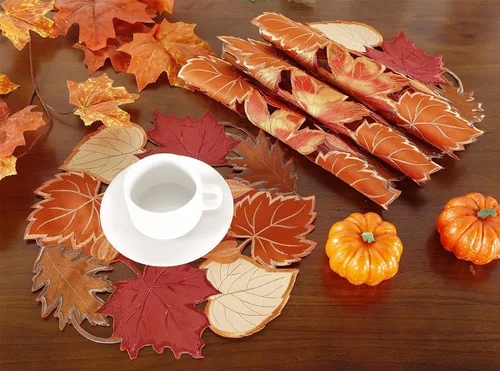 Vista 3 de Juego de 4 manteles individuales de otoño de 14 pulgadas con apliques bordados de hojas de arce bordadas para el hogar, cena, vacaciones, cosecha