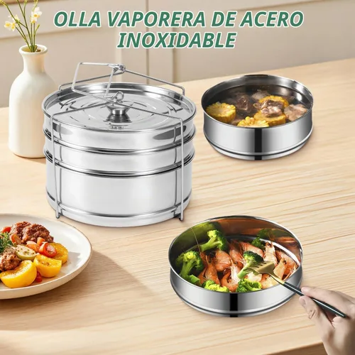 Vista 7 de Insertos apilables de acero inoxidable, juego de insertos de vapor de 2 niveles de 6 cuartos con asas para ollas instantáneas y ollas a presión