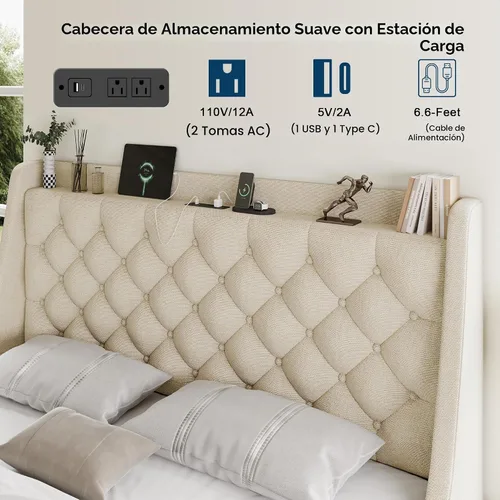 Vista 4 de GalnFu Marco de cama de tamaño completo con 4 cajones de almacenamiento, cabecera tapizada grande tipo wingback, estación de carga rápida,