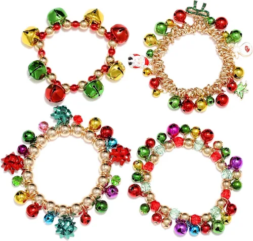 Vista 6 de ARATLENCH Pulsera de campanas de cascabel de Navidad, arco colorido, muñeco de nieve, árbol de Navidad, pulsera elástica con cuentas, novedosa