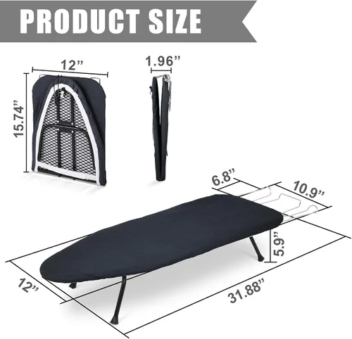 Vista 5 de Tioncy Tabla de planchar plegable de metal con soporte de hierro, tabla de planchar portátil de metal, pequeña con cubierta de algodón resistente al