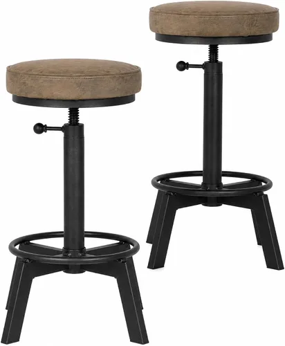 Vista 15 de Juego de 2 taburetes de bar industriales, taburete corto, asiento giratorio de madera, sillas de isla de cocina, altura ajustable, 15.2-21 pulgadas