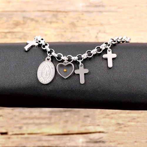 Vista 7 de Madre María Milagrosa Medalla Enlace Cadena Pulsera Mostaza Semilla Cruz Cristiana Joyería Acero Inoxidable Y914