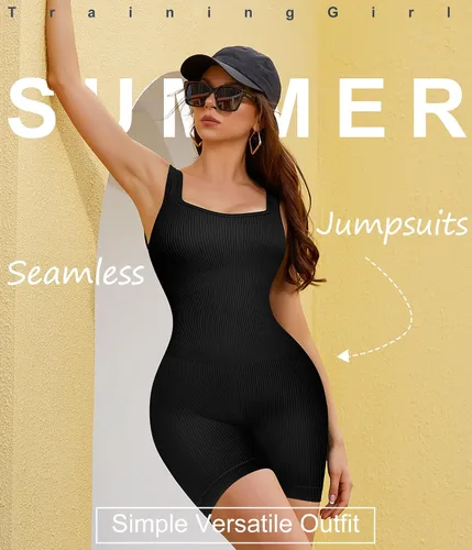 Vista 2 de TrainingGirl Mameluco de yoga para mujer, overol atlético acanalado, sin costuras, de una pieza, cuello cuadrado, camiseta sin mangas, para hacer