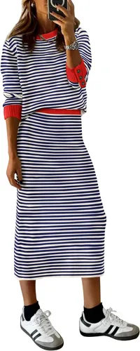 Vista 18 de PRETTYGARDEN - Conjunto de falda de suéter a rayas de 2 piezas para mujer Rayas de albaricoque