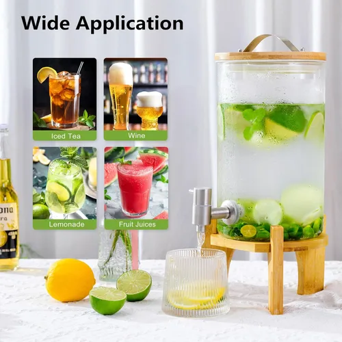 Vista 3 de Dispensador de bebidas de vidrio grande de 1.2 galones para fiestas, dispensador de bebidas con soporte de madera de bambú y grifo de acero