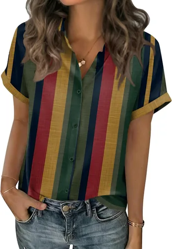 Vista 23 de Zeagoo Blusas de verano de manga corta para mujer, camisas casuales con botones, blusas de trabajo de negocios sólidas/a rayas